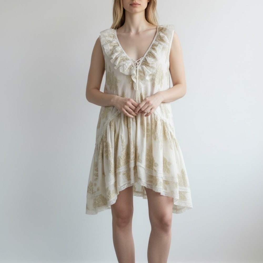 Impressions Cream and Gold High-Low Ruffle V-Neck Dress